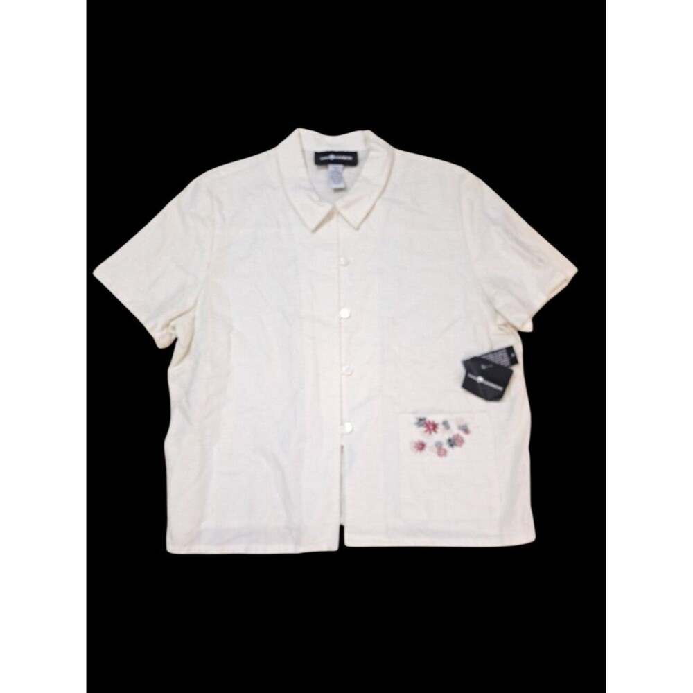 Sag Harbor Women's Short Sleeve Linen Blend Cream Button Down Top Blouse XL